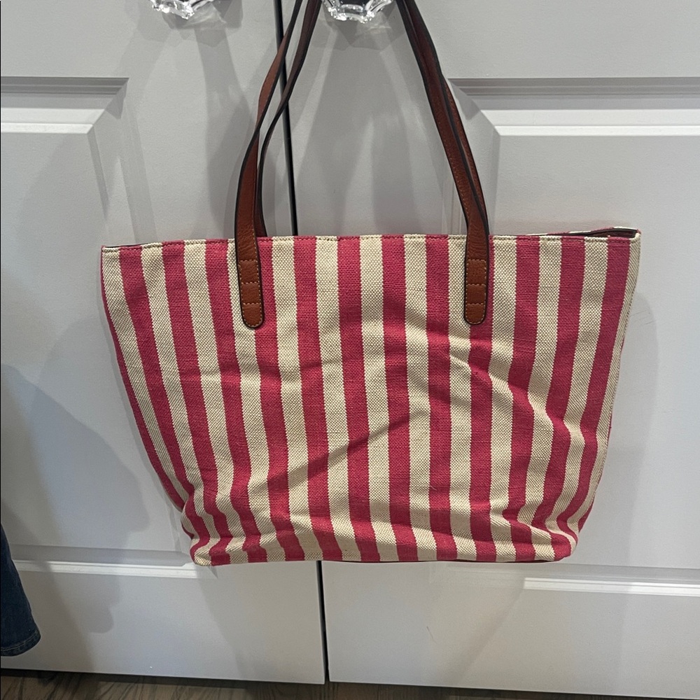 Sole Society Pink and Cream Striped Canvas Tote with Brown Handles